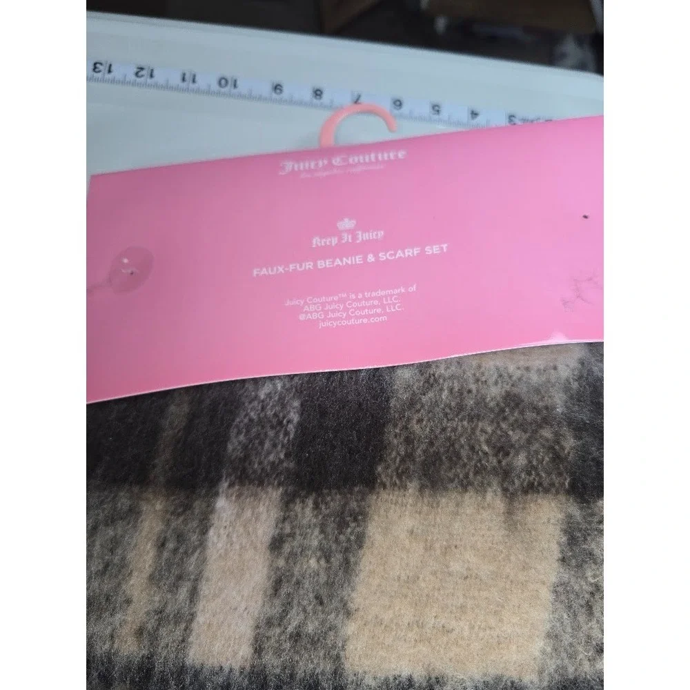 Juicy Couture Knit Beanie & Plaid Scarf Set Beige/Pink Pom Hat